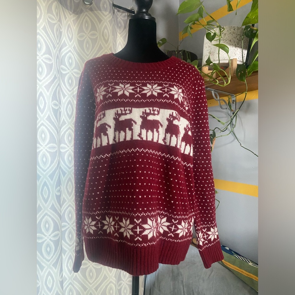Comfy Holiday sweater with deer on it, Red and White